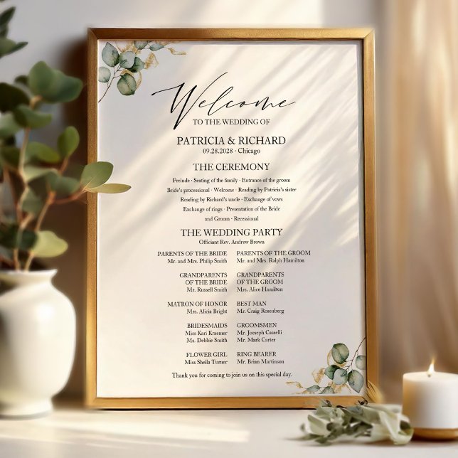 Elegantes goldenes Hochzeitsprogramm-Schild mit Gr Poster (Von Creator hochgeladen)