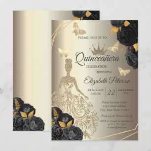 Elegantes goldenes Kleid, Schmetterlinge schwarze  Einladung