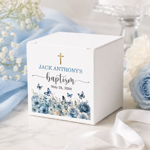 Elegantes goldenes Kreuz blaue florale Taufe Geschenkschachtel