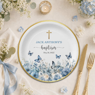 Elegantes goldenes Kreuz mit blauer floraler Taufe Pappteller