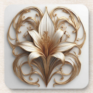Elegantes goldenes Lilienweiß-Ornamentdesign Getränkeuntersetzer