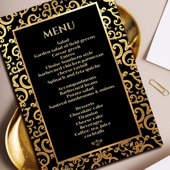 Elegantes goldenes Menü zum Hochzeitsessen Einladung (Elegant gold Frame Wedding Dinner Menu Invitation #decorativeframeinvitation #zazzleinvitation #gold)