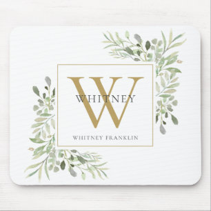 Elegantes goldenes Monogramm Blumen Grün Mauspad