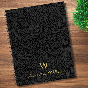 Elegantes goldenes Monogramm Name schwarzes floral Notizbuch