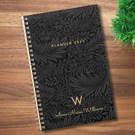 Elegantes goldenes Monogramm Name schwarzes Floral Planer