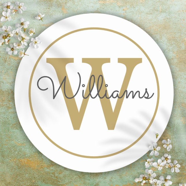 Elegantes goldenes Monogramm-Schriftname Runder Aufkleber (Elegant Gold Monogram Script Name Classic Round Sticker)