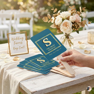 Elegantes goldenes Monogramm Türkisblaues Hochzeit Fächer