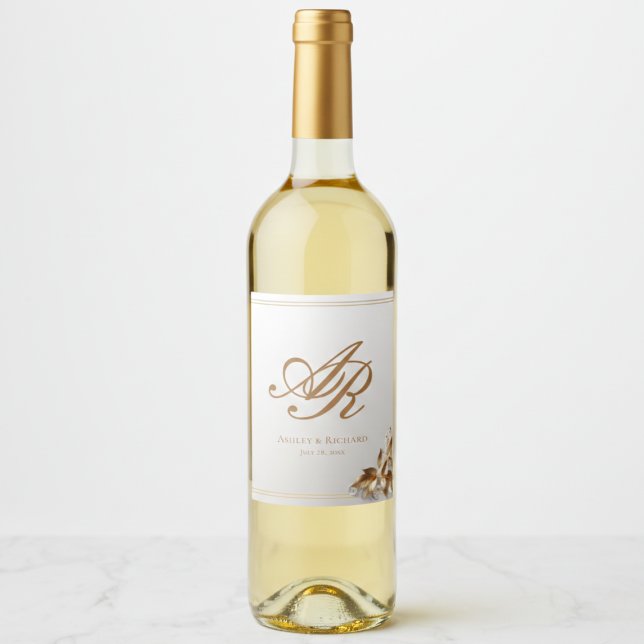 Elegantes goldenes Monogramm-Wein­flaschen­etikett Weinetikett (personalized gold botanical wedding wine label with custom couples monogram )
