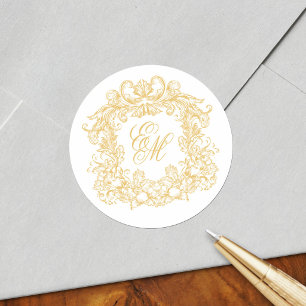 Elegantes goldenes Monogrammwappen Vintage-Hochzei Runder Aufkleber