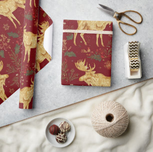 elegantes goldenes Rentier-Rot-Weihnachtsmuster Geschenkpapier