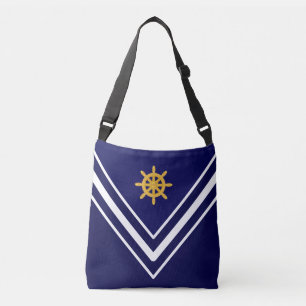 Elegantes goldenes Schiffsrad auf Marineblau und W Tragetaschen Mit Langen Trägern