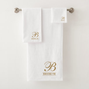 Elegantes goldenes Schrift-Serif Monogramm Weiß Badhandtuch Set