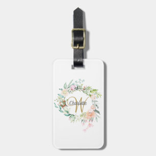Elegantes goldenes Schriftmonogramm Rosen Blumen Gepäckanhänger