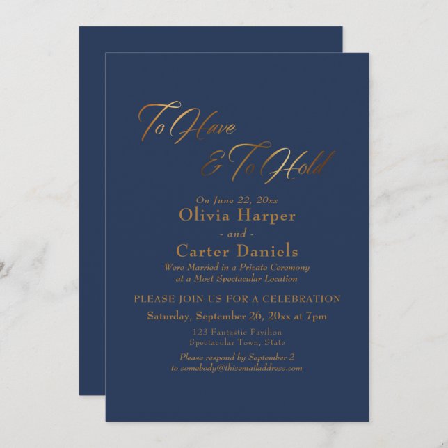 Elegantes Goldenes Skript, um die Marine zu halten Einladung (Vorne/Hinten)