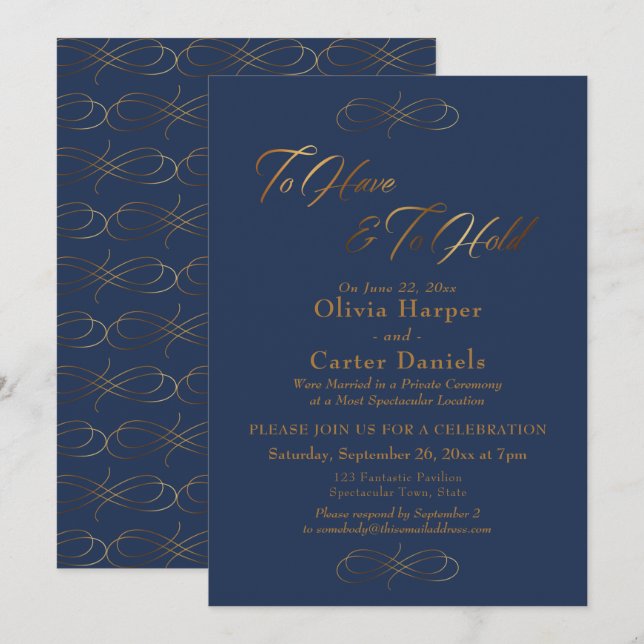 Elegantes Goldenes Skript, um die Marine zu halten Einladung (Vorne/Hinten)