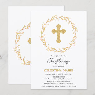 Elegantes goldenes Taufkreuz Einladung