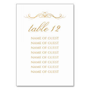 Elegantes goldenes Tischschild mit 8 Gästennamen Tischnummer