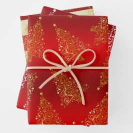 Elegantes goldenes Weihnachtsbaummuster Geschenkpapier Set
