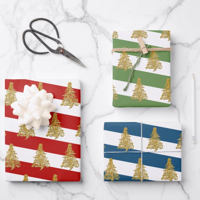 Elegantes goldenes Weihnachtsbaummuster gestreift Geschenkpapier Set (Vorderseite)
