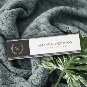 ELEGANTES GOLDGOLDFLORALLAUREL-WREAD INITIALES MON SCHREIBTISCHNAMENSPLAKETTE