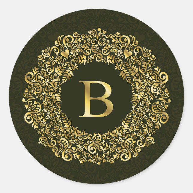 Elegantes goldgrünes Initial B Damask Monogramm Runder Aufkleber (Vorderseite)