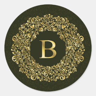 Elegantes goldgrünes Initial B Damask Monogramm Runder Aufkleber