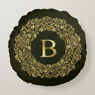 Elegantes goldgrünes Initial B Damask Monogramm Rundes Kissen