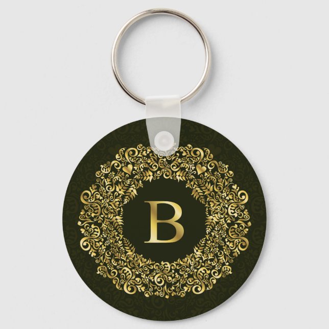 Elegantes goldgrünes Initial B Damask Monogramm Schlüsselanhänger (Vorderseite)