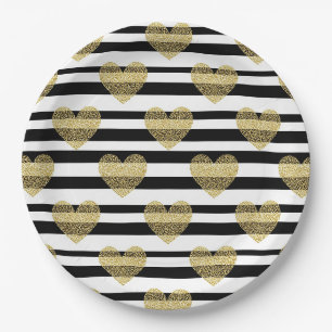 Elegantes Goldherz-Hochzeitsstreifenmuster Pappteller