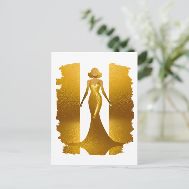 Elegantes Goldkleid Postkarte (Stehend Vorderseite)