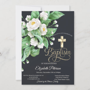 Elegantes Goldkreuz mit weißen Blumen zur Taufe Einladung