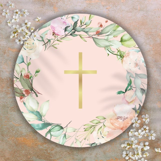 Elegantes Goldrausch Rose Garland Flora Runder Aufkleber (Elegant Gold Cross Woodland Rose Garland Floral Classic Round Sticker)