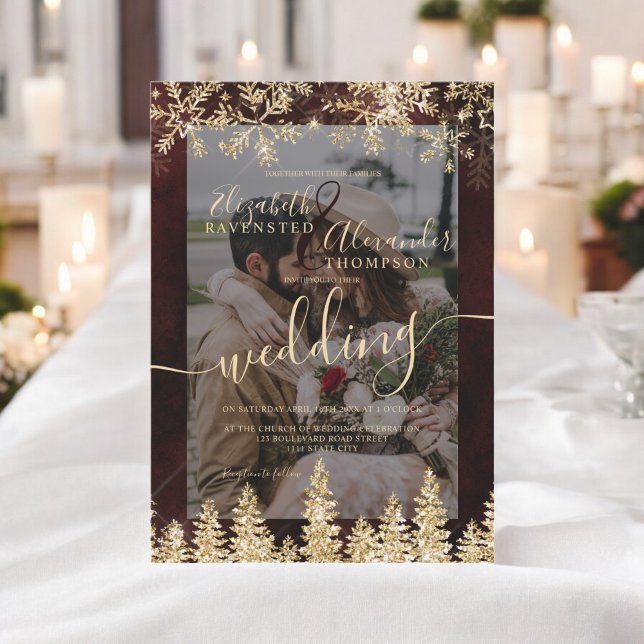 Elegantes Goldschick Winter Weihnachts-Foto Hochze Einladung (Elegant Gold Chic Winter Christmas Photo Wedding Invitation)