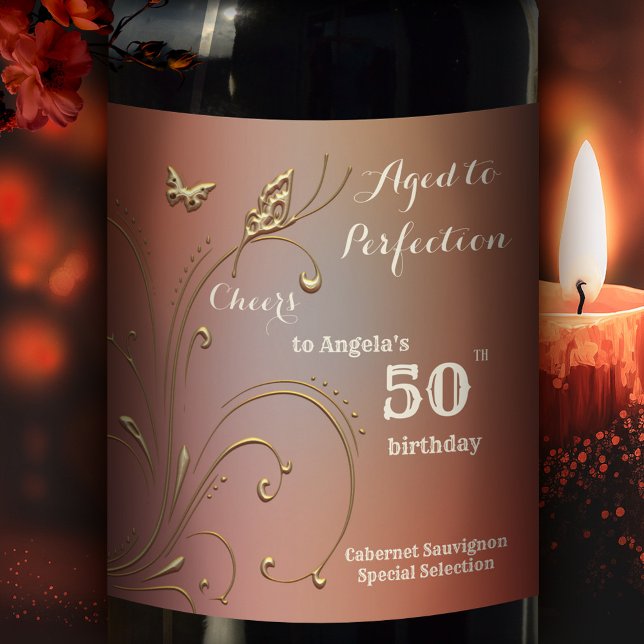 Elegantes Goldschmetterling Geburtstagsweinlabel Weinetikett (Von Creator hochgeladen)