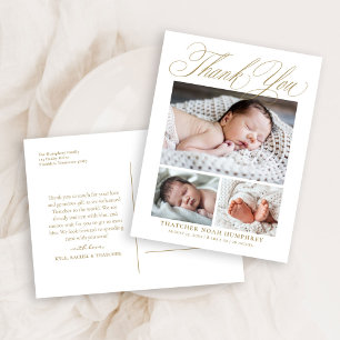 Elegantes Goldschrift-3-Foto-Baby-Dankeschön  Postkarte