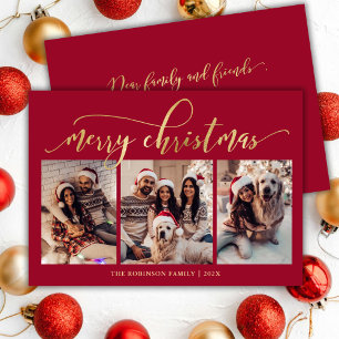 Elegantes Goldschrift-3-Foto-Collage-Rot-Weihnacht Feiertagskarte