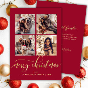 Elegantes Goldschrift-4-Foto-Collage-Rot-Weihnacht Feiertagskarte