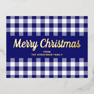 Elegantes Goldschrift Blau Gingham Frohe Weihnacht Folien Feiertagspostkarte