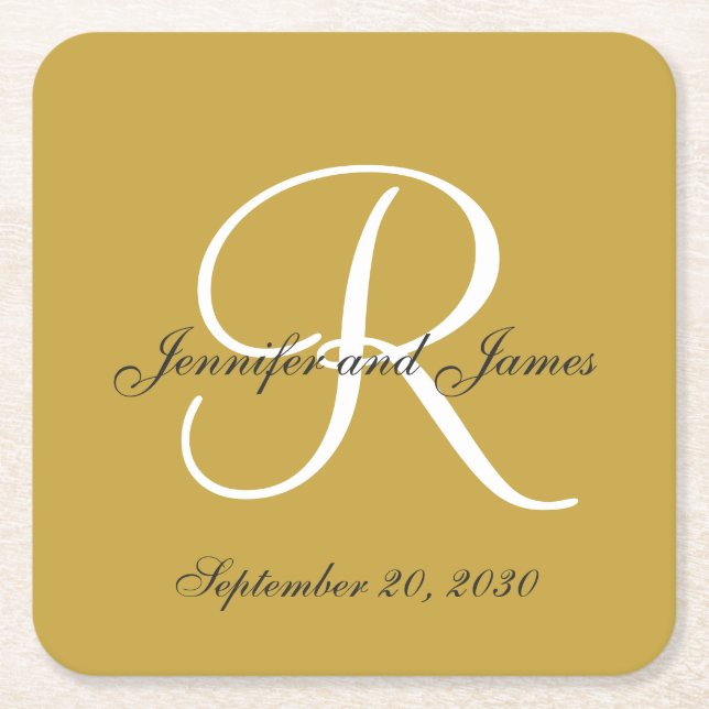 Elegantes Goldschwarz-Monogramm nennt Gastgeschenk Rechteckiger Pappuntersetzer (Vorderseite)