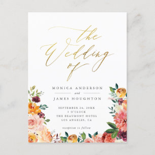 Elegantes Goldskript-Aquarell-Blumenhochzeit Einladungspostkarte