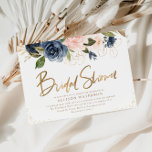 Elegantes Goldskript-Brautparty Einladung<br><div class="desc">Ein elegantes Blumendesign mit wunderschönem Blau und marineblauer Blüte,  das die goldene Schrift des Imitats ergänzt. Ein trendiges und dennoch modernes Design für Ihr Brautparty. Alle Texte und Farben dieser Vorlage können angepasst werden.</div>
