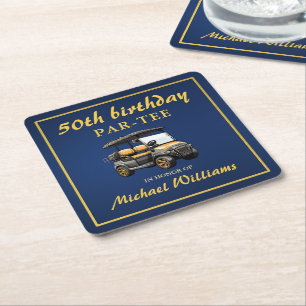 Elegantes Golf-Themen-Wagen Blau-Gold 50. Geburtst Rechteckiger Pappuntersetzer