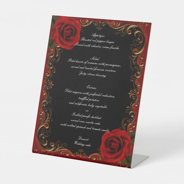 Elegantes Goth Rote Rosen Wedding Menu Sockelschild (Vorderseite)