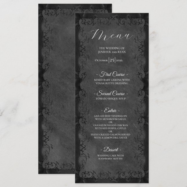 Elegantes Gothic Hochzeitsmenü Menükarte (Vorne/Hinten)