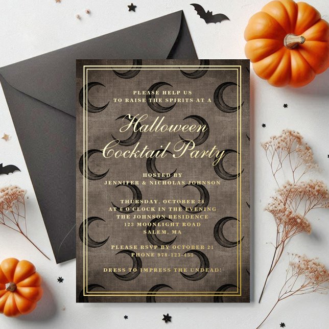 Elegantes Gothic Moon Halloween Cocktail Party Folieneinladung (Elegant Gothic Moon Halloween Cocktail Party Foil Invitation)