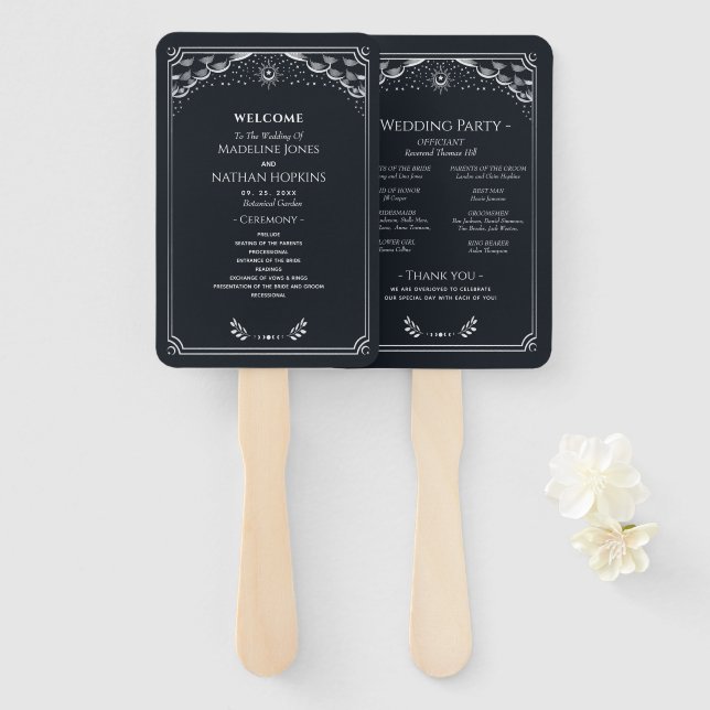 Elegantes Gothic Silber Tarot Hochzeitsprogramm Fächer (Vorne und Hinten)