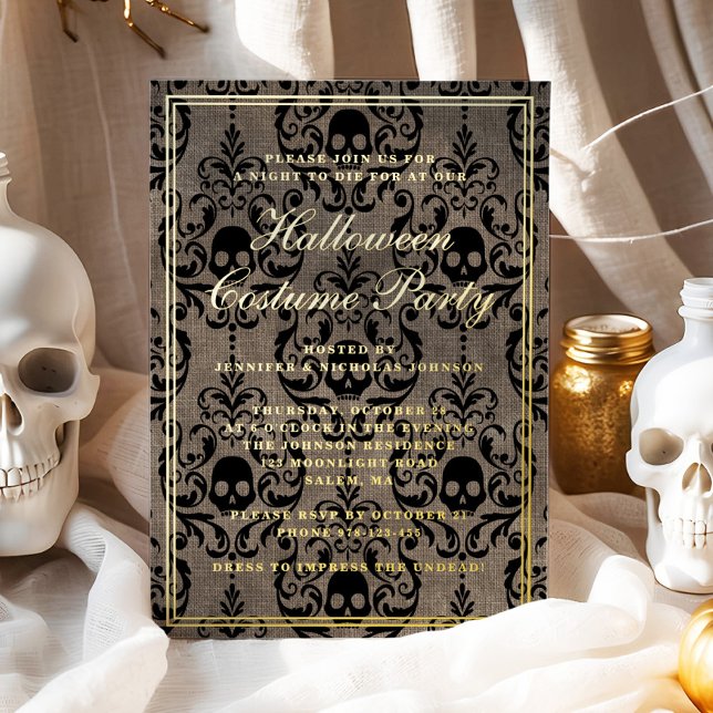 Elegantes Gothic Skull Halloween-Kostüm-Party Folieneinladung (Elegant Gothic Skull Halloween Costume Party Foil Invitation)