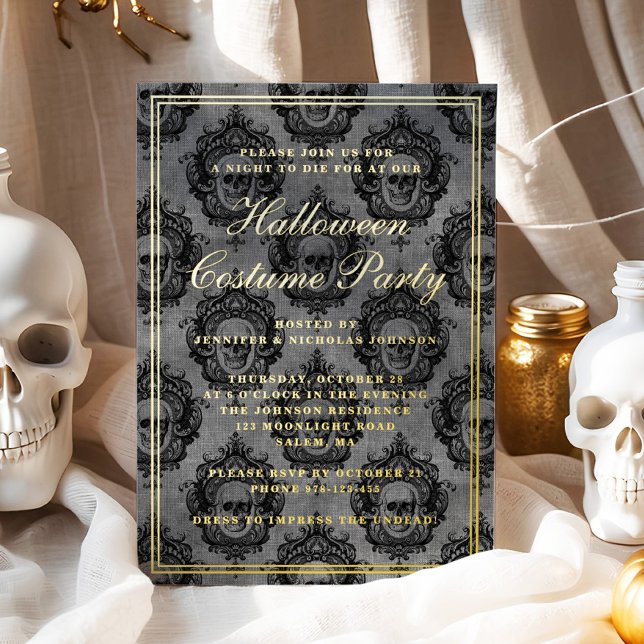 Elegantes Gothic Skull Halloween-Kostüm-Party Folieneinladung (Elegant Gothic Skull Halloween Costume Party Foil Invitation)