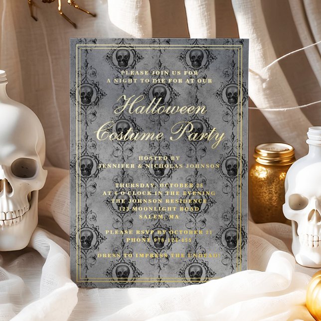 Elegantes Gothic Skulls Halloween Costume Party Folieneinladung (Elegant Gothic Skulls Halloween Costume Party Foil Invitation)