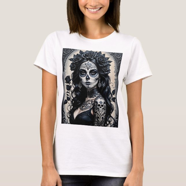 Elegantes Gothic Sugar Skull T-Shirt (Vorderseite)